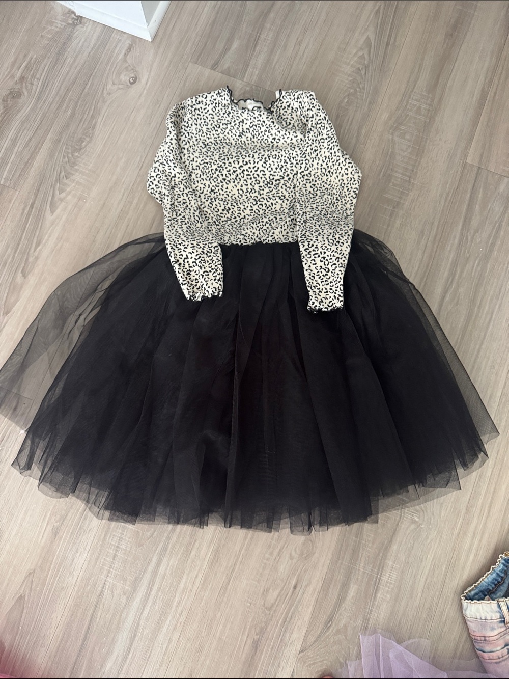 Girls Black Tulle Skirt with White Leopard Print Top